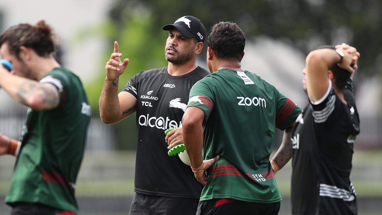 Former fullback Greg Inglis talks with Latrell Mitchell at training. Picture: Brett Costello