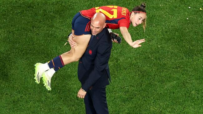 Rubiales throws Athenea del Castillo Beivide over his shoulder. Picture: David Gray/AFP