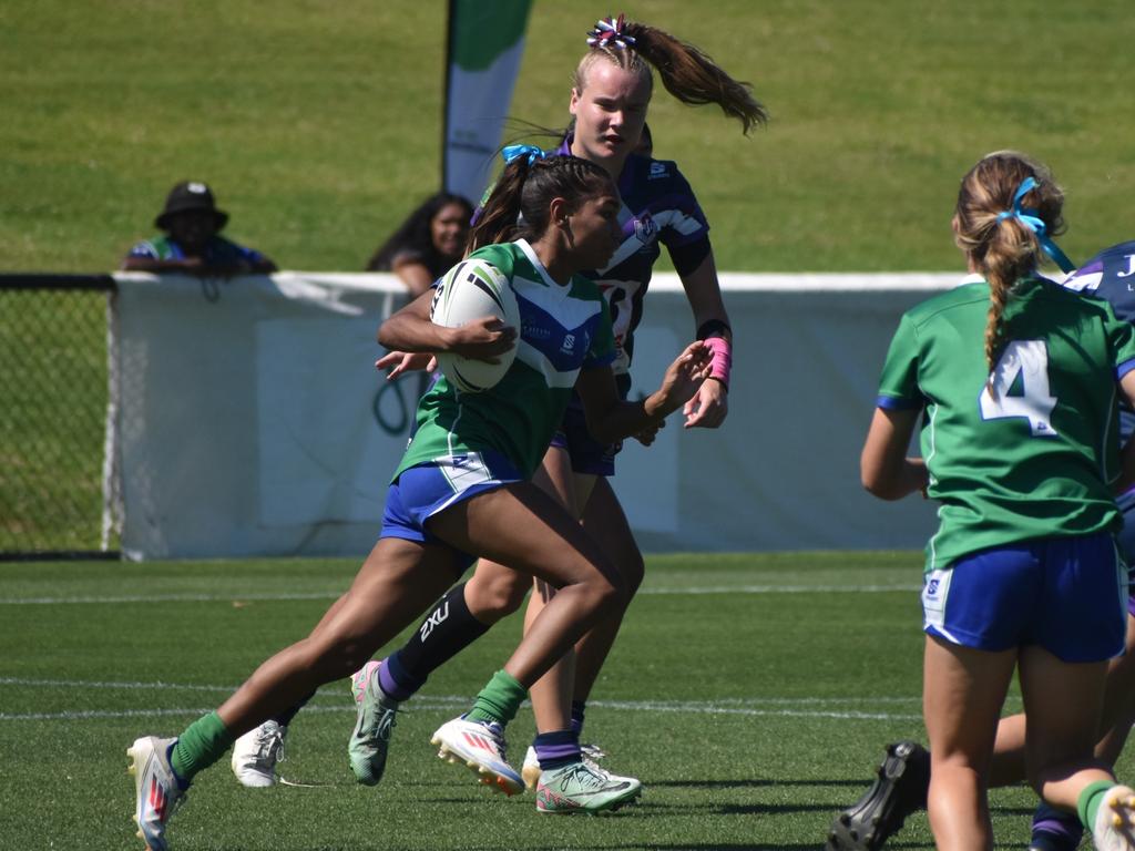 Action from the 2024 Schoolgirls rugby league state grand final between Ipswich SHS and St Mary's Cathedral College. Picture: Eddie Franklin