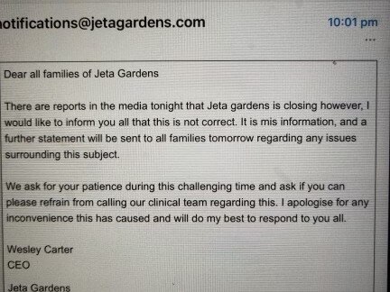 An email sent to families of residents late Friday night.