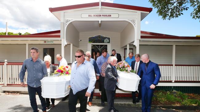 Funeral for Susan Zimmer and Steffanie Zimmer at Mudgeeraba Showgrounds on the Gold Coast. Family and friends at the ceremony watch the coffins taken from the hall. Picture Glenn Hampson