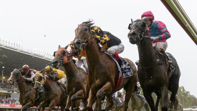 MELBOURNE, AUSTRALIA – MARCH 13: (R-L) Lunar Fox, Bohemoth, The Harrovian, Star of the Seas and Streets of Avalon fight out the minor placings in Race 8, the All-star Mile, during Melbourne Racing All-Star Mile Day at Moonee Valley Racecourse on March 13, 2021 in Melbourne, Australia. (Photo by Vince Caligiuri/Getty Images)