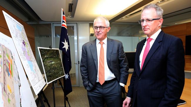 Prime Minister Malcolm Turnbull and urban infrastructure minister Paul Fletcher released the Western Sydney Airport Plan in Sydney in 2016. Picture: James Croucher