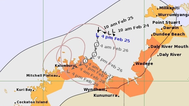 A revised track map for a Cyclone in the NT on Friday evening. Picture: Bureau of Meteorology