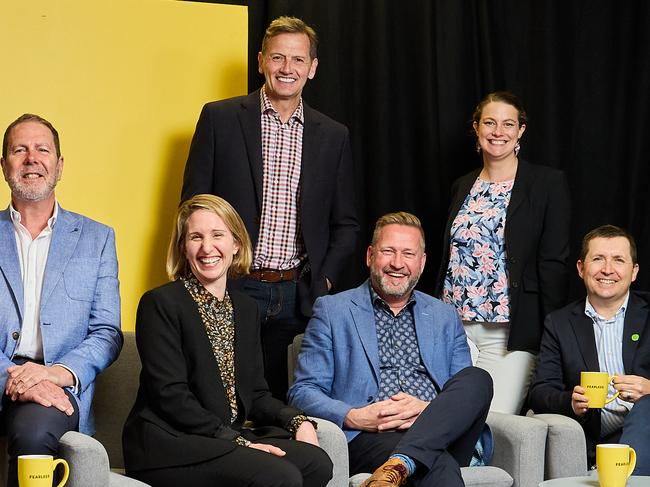 Panelists, David Kelly, Jess Morgan, with Presenter, Mark Soderstrom, John Mannion, Sarah Cohen-Woods, and Steve Wright as part of Fearless conversations in Adelaide, Wednesday, Oct. 12, 2022. Picture: MATT LOXTON