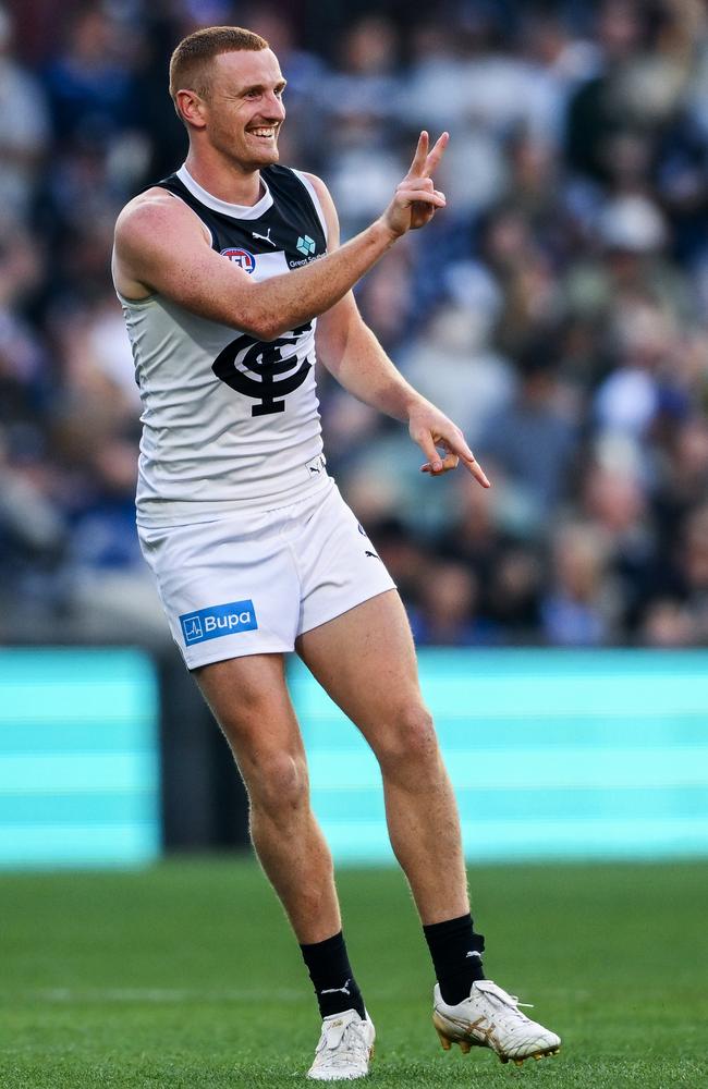 Matthew Cottrell celebrates a goal during the Blues’ clash with Fremantle. Picture: Mark Brake/Getty Images