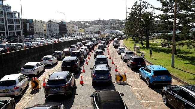 Sydneysiders queue inside their cars at the St. Vincent's Bondi COVID-19 testing centre on Tuesday. Picture: Brendon Thorne/Getty Images