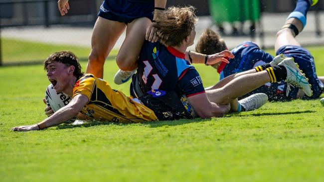 Rising rugby league talent Nate Thompson dives over for the Sunshine Coast Falcons Mal Meninga Cup side. Picture: Phil Bradeley Sports Photography.