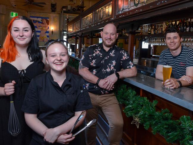 Mile End Hotel workers L-R: Shae Murphy school based apprentice,4th year apprentice chef Georgia Salisbury, duty manager Gerry Ebert and front of house trainee Flynn Lauritsen and , Wednesday November 25, 2020. Pic: Brenton Edwards