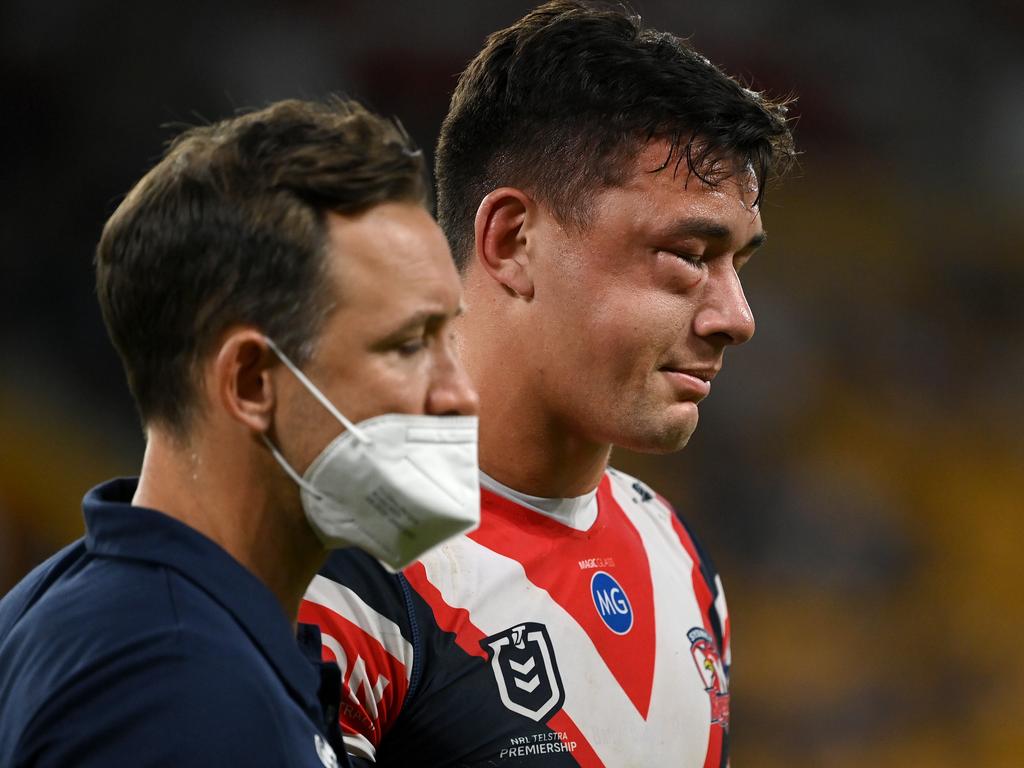 Mitchell’s hit sent Manu (R) to hospital. Image: NRL Photos