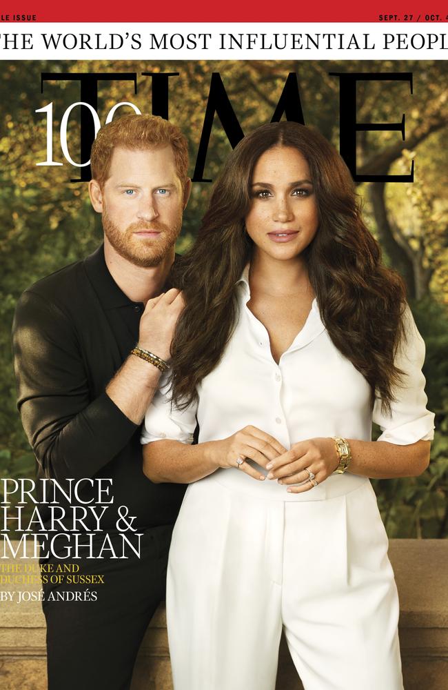 Prince Harry and Meghan Markle appeared on the cover of Time magazine’s 100 most influential people issue. Picture: Pari Dukovic for Time