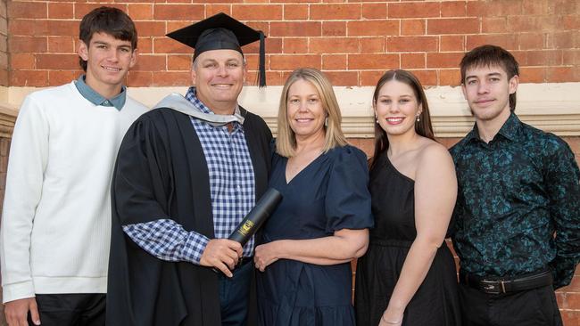 Paul Spanner (second from left) graduated with a Master of Business Administration surrounded by family, from left; Liam, Renae, Georgia and Jye. UniSQ graduation ceremony at Empire Theatre. Wednesday, June 28, 2023