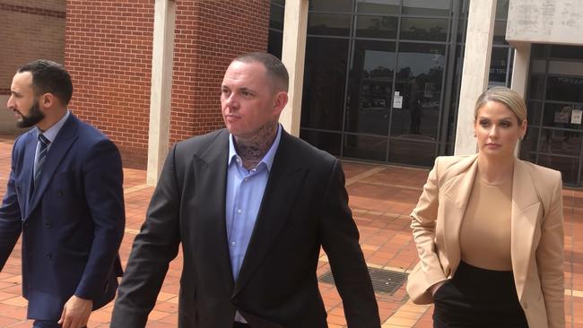 (L-R) Defence lawyer Ahmed Dib with Shane Ross and his client’s wife after the bikie avoided jail in Sydney last week.