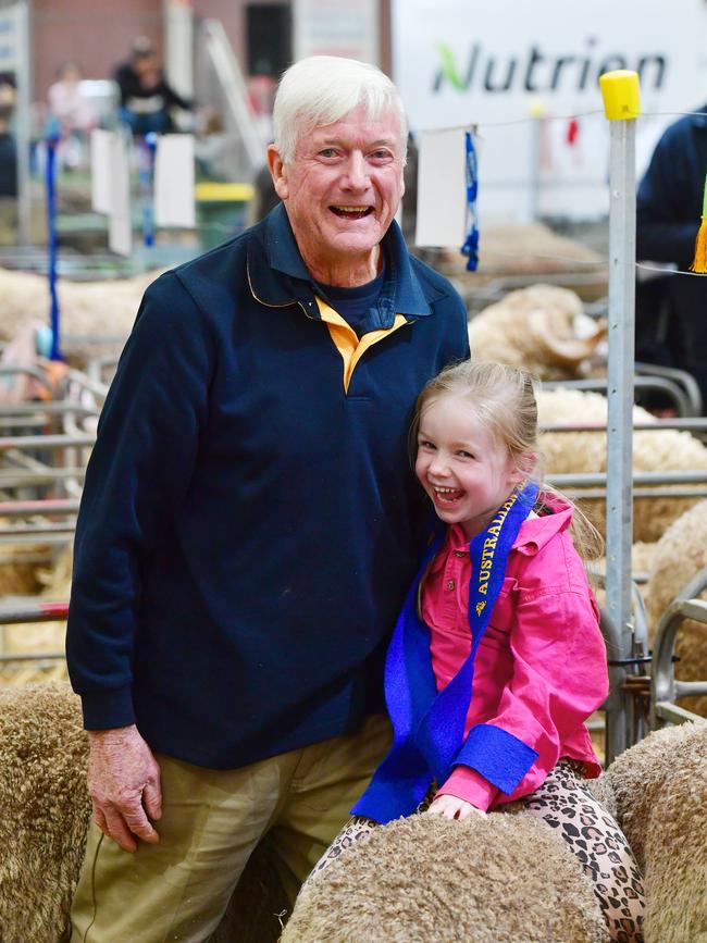 Erroll Hay and granddaughter Indie from Kamarooka Park Poll Merinos. Picture: Zoe Phillips