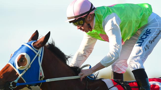 Jockey Adam Hyeronimus rides Monsieur Gustave to win race 7, HMR Projects Glasshouse Handicap during the Caloundra Cup Day at Sunshine Coast Turf Club in the Sunshine Coast, Saturday, July 1, 2017. (AAP Image/Albert Perez)