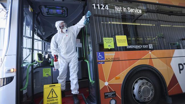 A bus being deep cleaned at Dyson bus depot in Bundoora in Melbourne after several routes were listed exposure sites. Picture: NCA NewsWire / Wayne Taylor