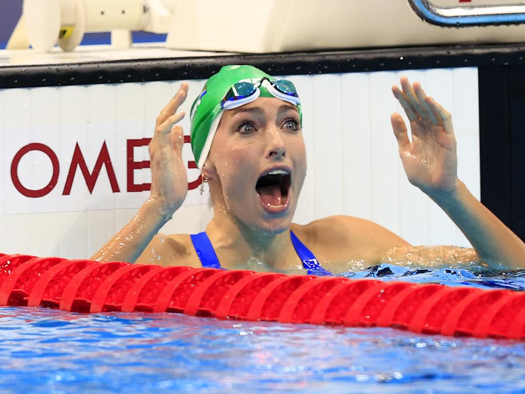 Tatjana Schoenmaker couldn’t hide her shock at breaking the world record and claiming a gold medal in the Women’s 200m breaststroke. Picture: Adam Head