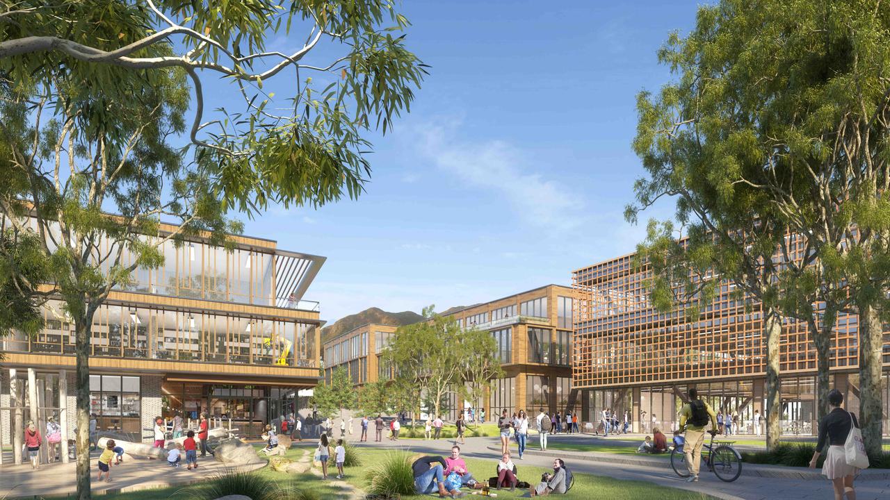 An artist's impression of the Engineering and Technology buildings, and public space, proposed for the former K&amp;D site by the University of Tasmania. Picture: Supplied