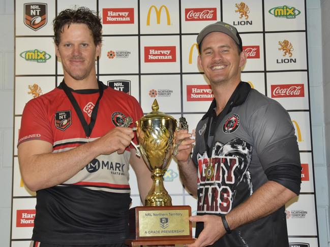 Litchfield Bears coach Jake Barnes with 2018 captain Luke Mahood and the NRL NT premiership. Picture: Supplied.