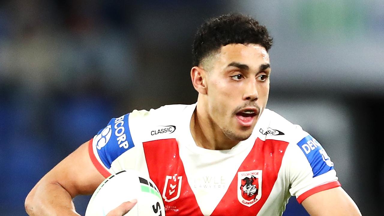 GOLD COAST, AUSTRALIA - JULY 16: Tyrell Sloan of the Dragons runs the ball during the round 18 NRL match between the Manly Sea Eagles and the St George Illawarra Dragons at Cbus Super Stadium, on July 16, 2021, in Gold Coast, Australia. (Photo by Chris Hyde/Getty Images)