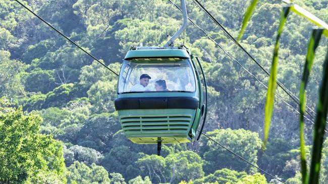 A Skyrail rainforest cableway gondola sails above the rainforest canopy on the Macalister Range National Park at Smithfield. Picture: Brendan Radke