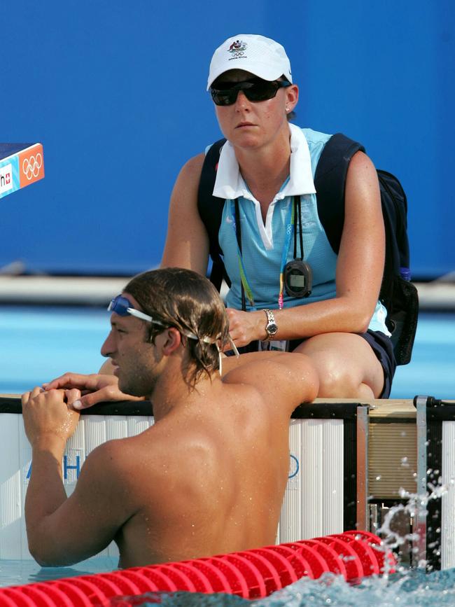 Ian Thorpe and coach Tracey Menzies at the 2004 Olympic Games in Athens. Picture: Gregg Porteous.