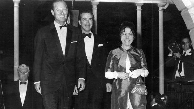 Premier Don Dunsta, centre, his wife Gretel Dunstan, arriving with Prince Philip, the Duke of Edinburgh, at the Parliamentary dinner held in the Prince's honuor at the South Australian Hotel during his tour in 1971.