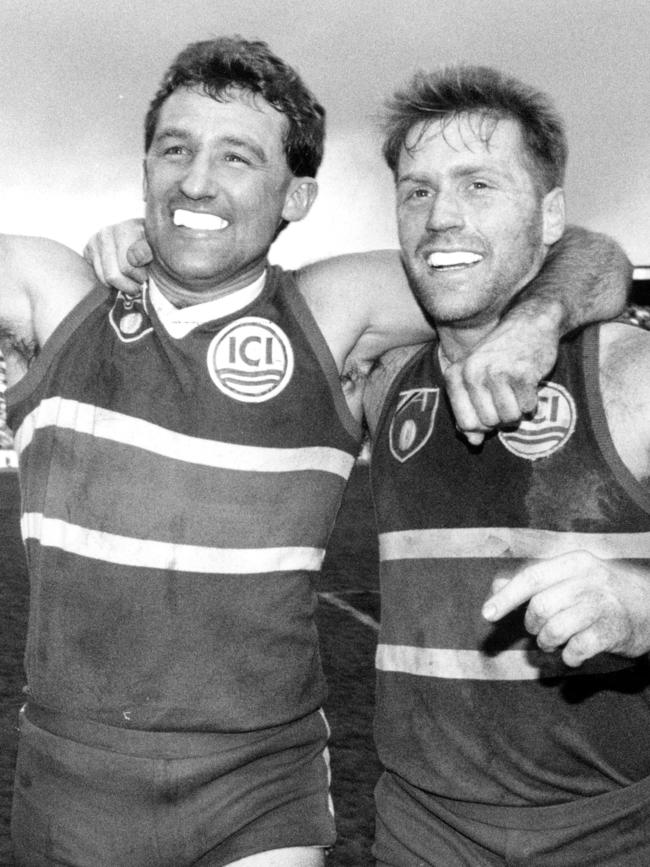 Doug Hawkins celebrates a Footscray win with Steve MacPherson.