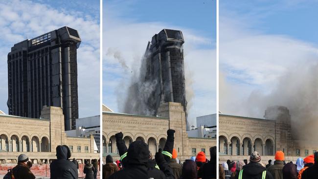 The defunct Trump Plaza Hotel &amp; Casino is imploded in Atlantic City. Picture: Getty Images.