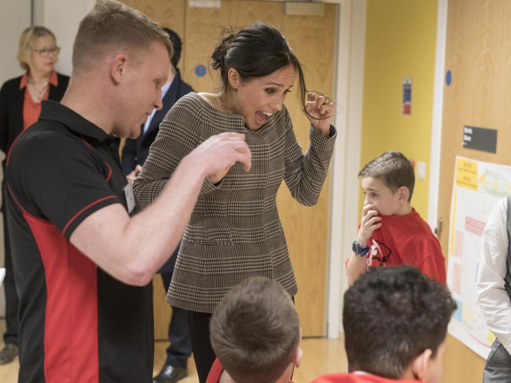 Meghan Markle watches a game of Jenga during her visit to Star Hub on January 18, 2018 in Cardiff, Wales. .Picture: Getty