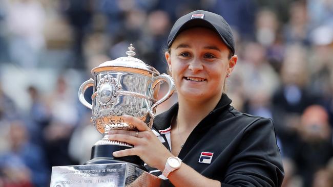 Ash Barty with the French Open trophy. Picture: AP/Christophe Ena