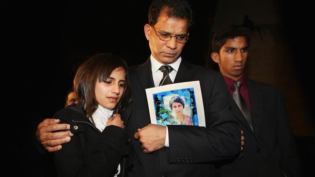 Heartbroken ... Jacintha Saldanha’s daughter, husband and son arrive at the Houses of Parliament ahead of a meeting with MP Keith Vaz days after her death in 2012. Picture: Getty Images.