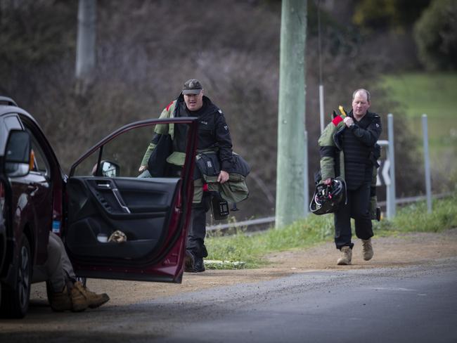 Tasmania Police at the scene of some suspected explosives at a residence in Bridgewater. Picture: LUKE BOWDEN