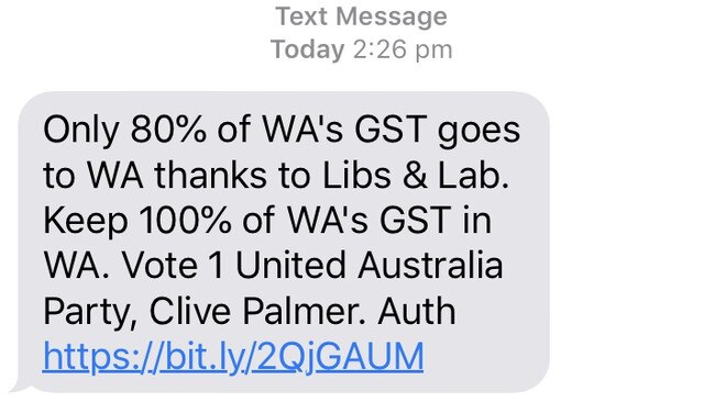 Clive Palmer bombarded people across Australia with spam text messages for his United Australia Party. Picture: supplied 