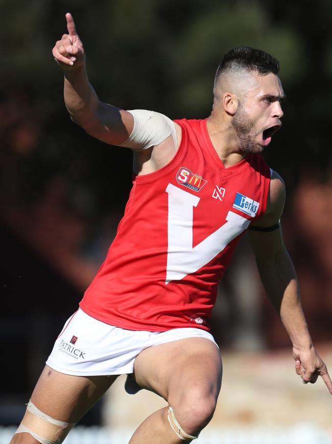 Robbie Young pictured after kicking a goal for North Adelaide in its clash with Norwood at Prospect Oval last week. Picture: Dylan Coker.