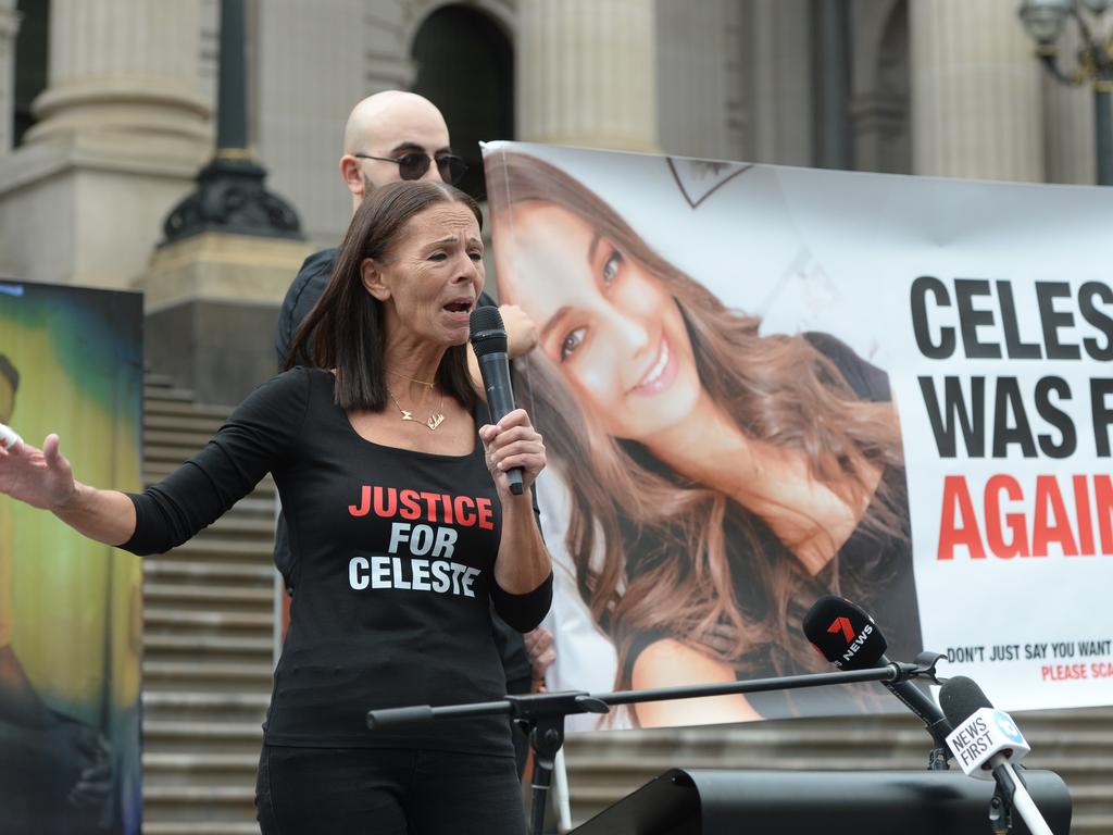 The mother of Celeste Manno, Aggie Di Mauro, led a protest to call for mandatory life sentences for murderers outside parliament in Melbourne on Sunday. Picture: NCA NewsWire / Andrew Henshaw