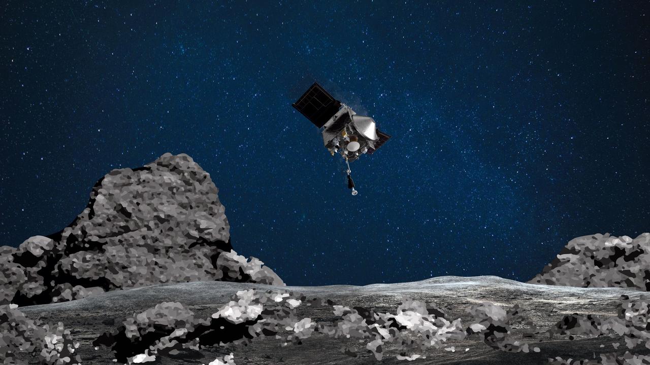 An artist’s impression of the OSIRIS-REx spacecraft descending towards asteroid Bennu to collect a sample of the asteroid’s surface. Picture: AFP Photo/NASA/Goddard/University of Arizona/Handout