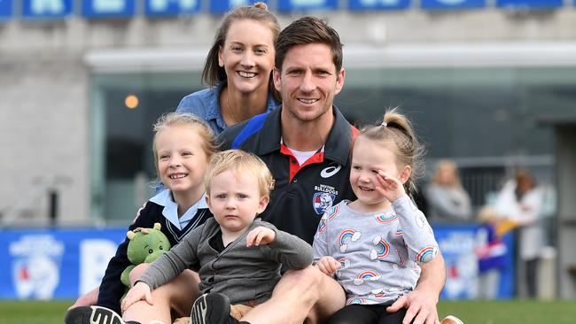 Matthew Boyd with his family at Whitten Oval, wife Kate and children (L-R) Chloe, James and Asher. Picture: AAP