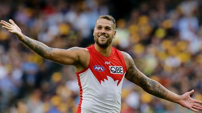 Lance Franklin of the Swans celebrates after scoring a goal during the round one AFL match against West Coast at Perth’s new Optus Stadium. Picture: Will Russell/AFL Media/Getty Images