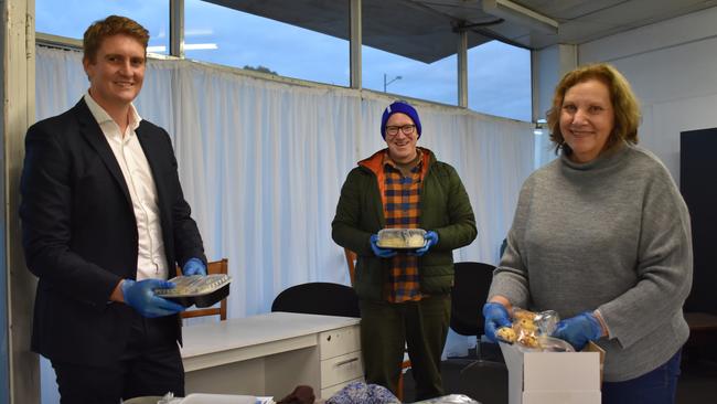 Eastland's Stuart Lloyd, Urban Life Ringwood's Scott Hawkins and Winter Shelter co-ordinator Gitta Clayton are offering help for the needy this winter. Picture: Kiel Egging.