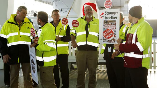 The Community and Public Sector Union has warned of significant disruptions and delays at international airports with a new round of industrial action scheduled for today. [PIC] bio security workers protest outside Adelaide Airport pic by Bianca De Marchi - 3.8.15