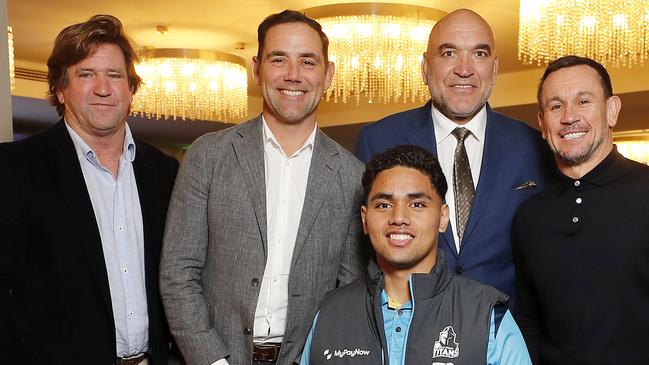 Titans coach Des Hasler, Cameron Smith, Gordon Tallis and Matthew Johns pictured with Joseph Pouniu at the fundraiser for Joe at Gambaros Restaurant, Brisbane 25th August 2023.  Courted by the Gold Coast Titans at age 16, promising young footballer Joseph Pouniu saw his dreams tragically dashed in an on-field injury that left him paralysed.  (Image/Josh Woning)