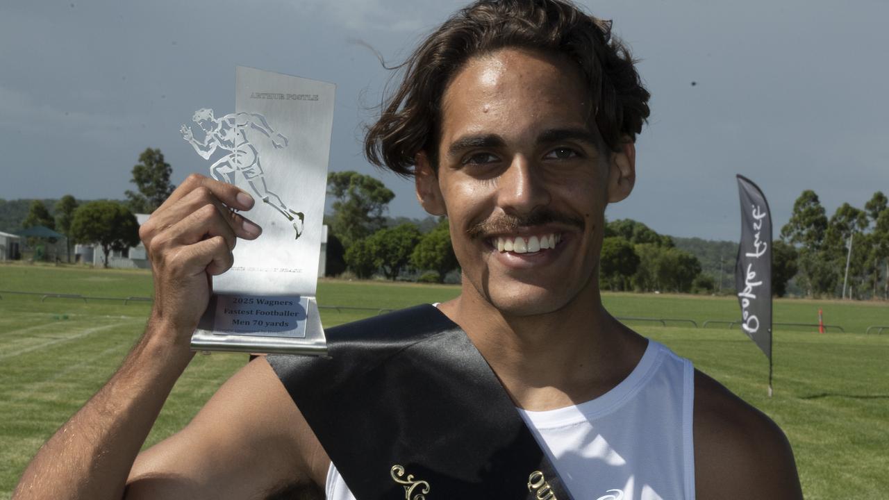 Leroy Dempsey, Wagners fastest male footballer 75 yards. The Arthur Postle Gift at Pittsworth. Saturday 18th January, 2025. Picture: Nev Madsen.