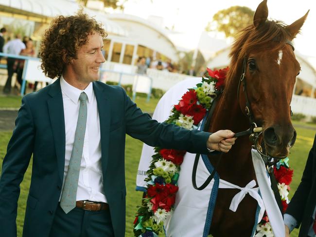 Ciaron Maher with Srikandi after her Stradbroke Handicap win. Picture: Liam Kidston