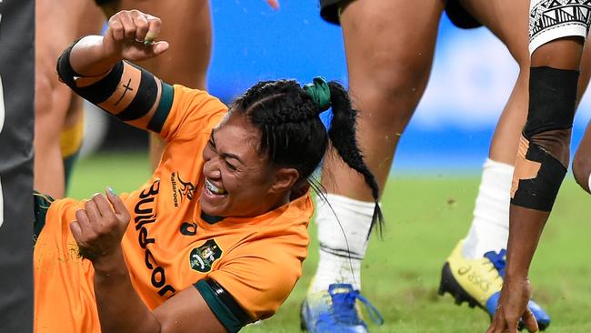 Pauline Piliae-Rasabale after scoring for the Wallaroos on debut in the match against Fijiana in Brisbane.