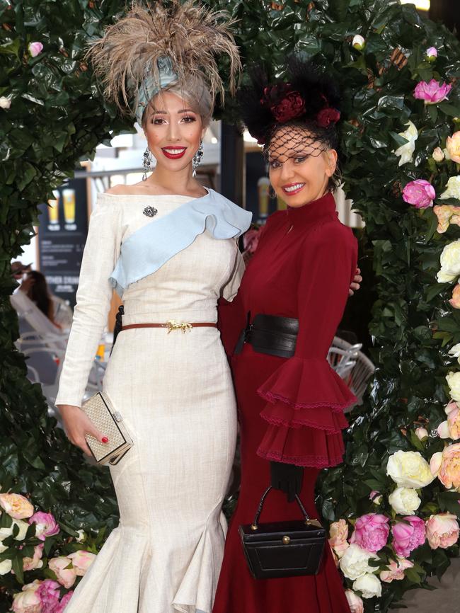 Fashions at Doomben Oakes day. Milano Imai and Ms Wellings. Picture: Jono Searle