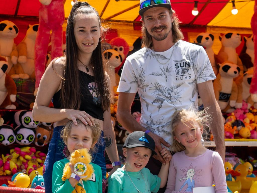 Mum Savannah Harrison with Emilia, Henri (in cap), Addi and Brad Bambach, from Kyogle out enjoying the Kyogle Show. Picture: Cath Piltz