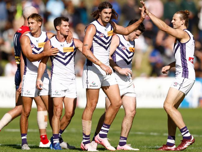 Luke Jackson and Nat Fyfe of the Dockers celebrate during their big win over the Demons. Picture: Michael Willson/AFL Photos via Getty Images.