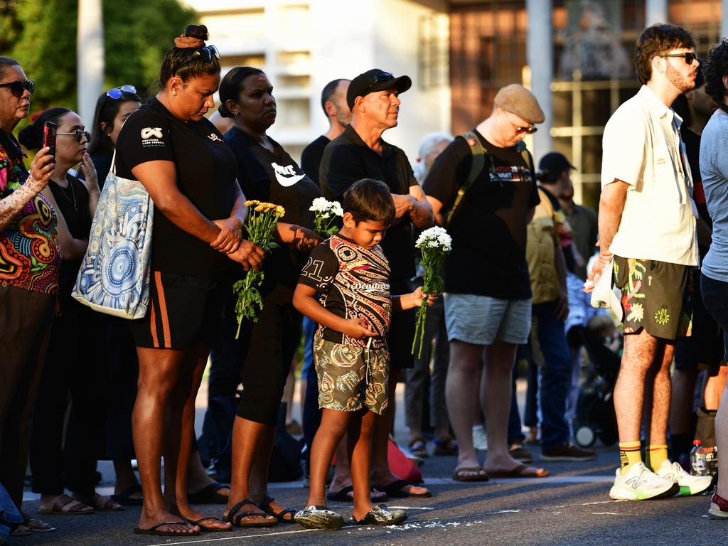Hundreds of Top End residents gathered outside the NT Parliament on Wednesday during a vigil for Kumanjayi White, a 24-year-old Warlpiri man with a disability who died after being restrained by police in the Alice Springs Coles. Picture: Zizi Averill