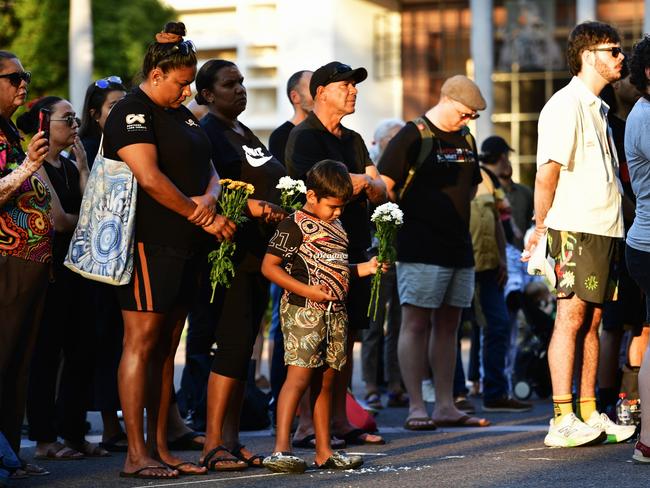 Hundreds of Top End residents gathered outside the NT Parliament on Wednesday during a vigil for Kumanjayi White, a 24-year-old Warlpiri man with a disability who died after being restrained by police in the Alice Springs Coles. Picture: Zizi Averill